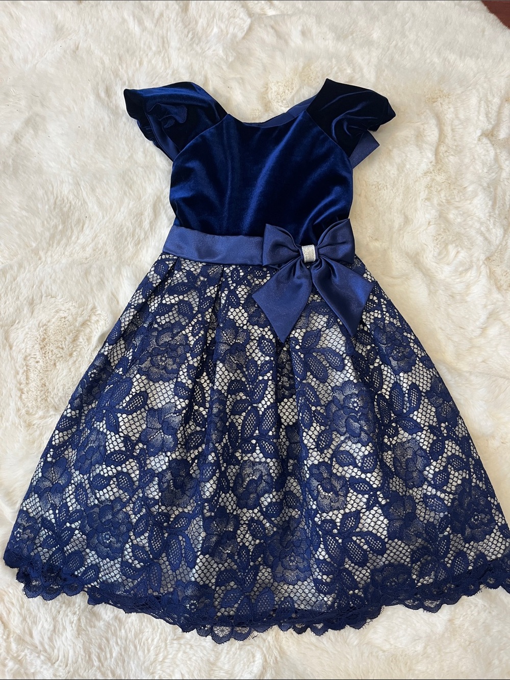 Jona Michelle Navy Blue Velvet & Lace Dress with Satin Bow